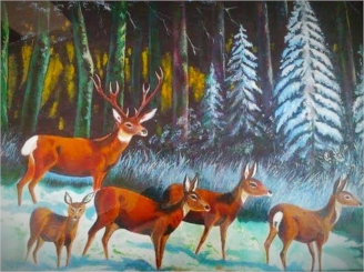 Group of deers in a Misty forest