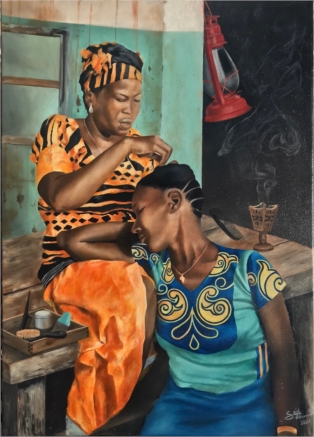 Two african women braiding hair