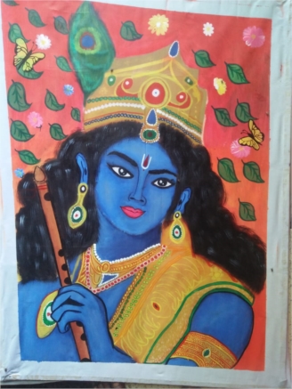 Beautiful Krishna painting on cotton canvas 35x26 inches with acrylic colours 