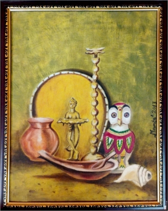 Still life of vintage puja utensils 